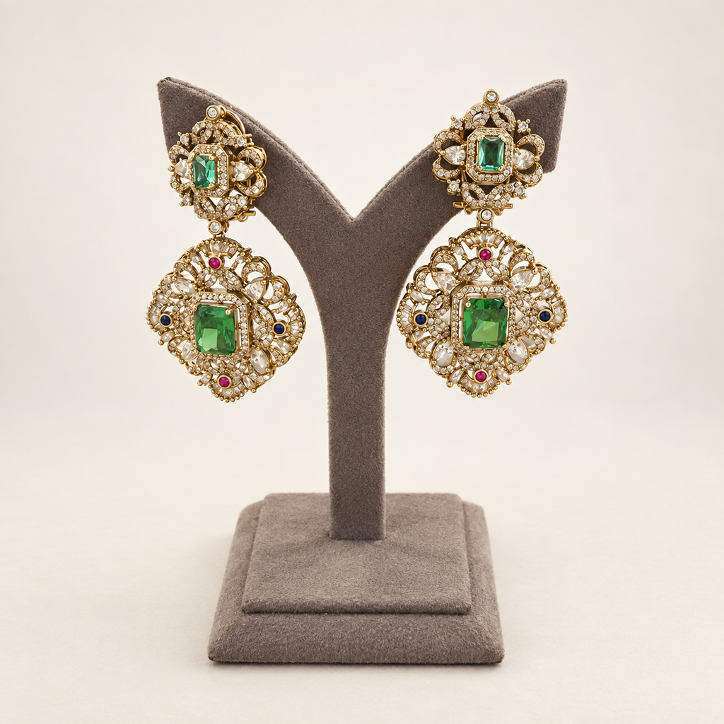 Front view of emerald-green statement earrings with real doublet stones