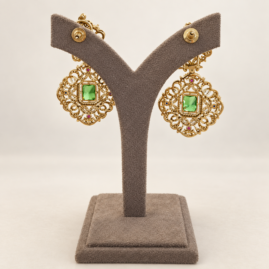 Reverse view of emerald-green statement earrings with real doublet stones